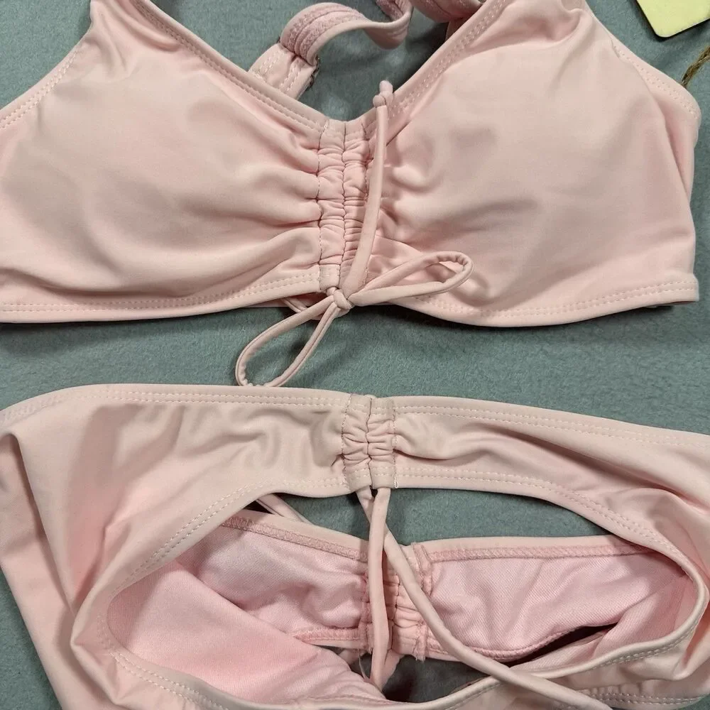 Cabana del Sol Pink Bikini Set Small NWT Ruched Tie Side Swimsuit NEW